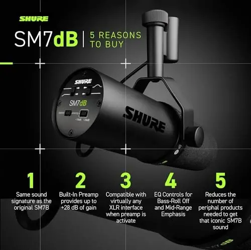 Shure SM7dB Dynamic Vocal Microphone with Built-in Preamp – Studio Mic for Streaming, Podcasting, and Recording – Smooth Sound, Wide Frequency Range, Rugged Build, Windscreen Included, XLR, Black - 4