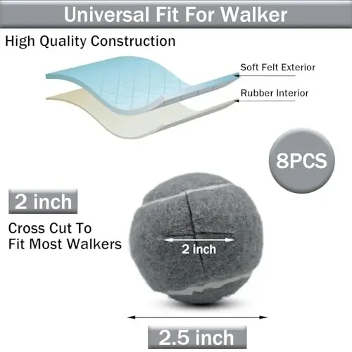 SHYUJAJIE 8 PCS Precut Walker Tennis Balls for Furniture Legs and Floor Protection, Heavy Duty Long Lasting Felt Pad Glide Coverings for Chair (Grey) - 2