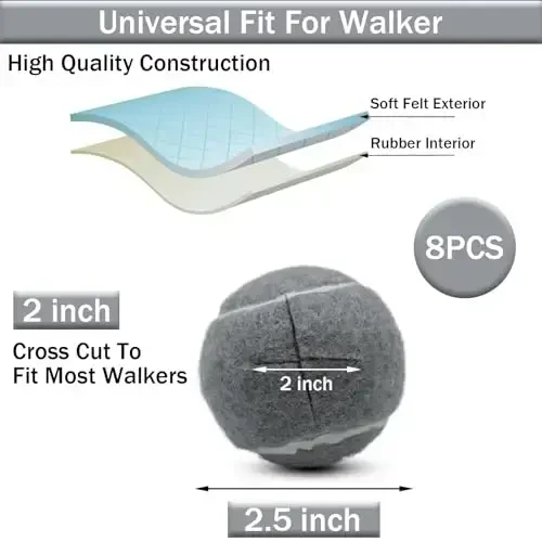 SHYUJAJIE 8 PCS Precut Walker Tennis Balls for Furniture Legs and Floor Protection, Heavy Duty Long Lasting Felt Pad Glide Coverings for Chair (Grey) - 2