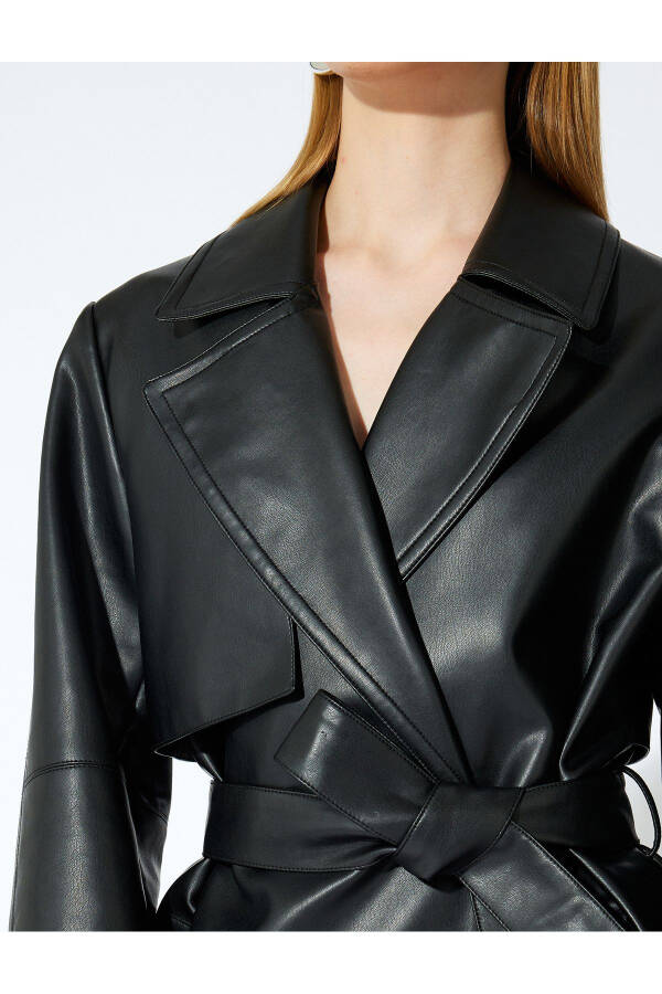 Sibil Çetinkaya - Faux Leather Trench Coat with Crisscross Belt and Pockets 5WAK00173EW - 6