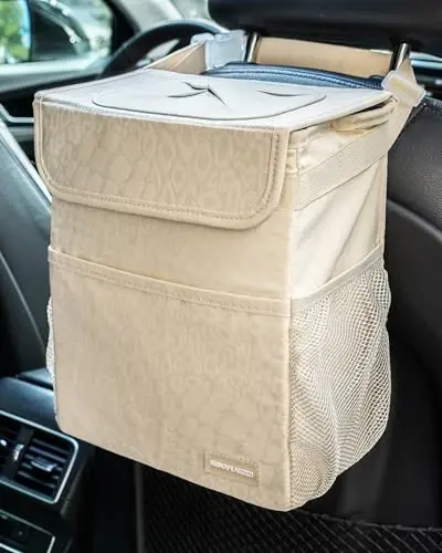 SIBOFUEGO Car Trash Can - Cute Multifunctional Interior Car Accessory for Women, Organizer and Storage with Adjustable Straps, 2 Gallons (Leopard Print Beige) - 3