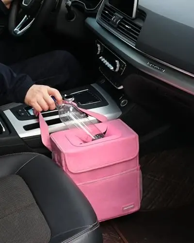 SIBOFUEGO Car Trash Can Cute - Multifunctional Interior Car Accessory for Women, Car Organizer and Storage with Adjustable Straps, Car Stuff Storage 2 Gallons (Leopard-Print Pink) - 4