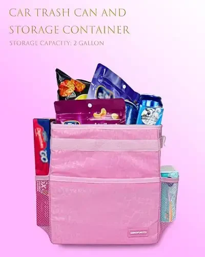 SIBOFUEGO Car Trash Can Cute - Ayollar uchun multifunksional avtomobil ichki aksessuari, sozlanishi kayışlı avtomobil tashkilotchisi va saqlash, avtomobil buyumlari 2 gallon (Leopard-Print Pink) - 2