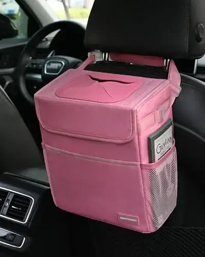 SIBOFUEGO Car Trash Can Cute - Ayollar uchun multifunksional avtomobil ichki aksessuari, sozlanishi kayışlı avtomobil tashkilotchisi va saqlash, avtomobil buyumlari 2 gallon (Leopard-Print Pink) - 3