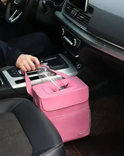 SIBOFUEGO Car Trash Can Cute - Ayollar uchun multifunksional avtomobil ichki aksessuari, sozlanishi kayışlı avtomobil tashkilotchisi va saqlash, avtomobil buyumlari 2 gallon (Leopard-Print Pink) - 4