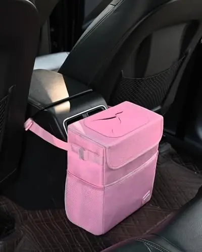 SIBOFUEGO Car Trash Can Cute - Ayollar uchun multifunksional avtomobil ichki aksessuari, sozlanishi kayışlı avtomobil tashkilotchisi va saqlash, avtomobil buyumlari 2 gallon (Leopard-Print Pink) - 5