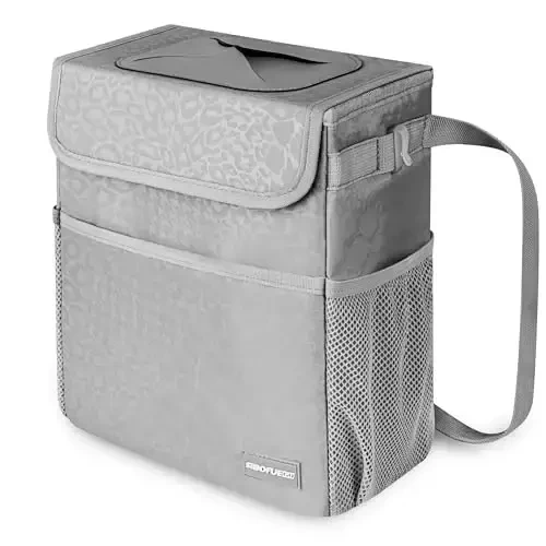 SIBOFUEGO Car Trash Can Cute - Car Accessory for Garbage and Storage, Adjustable and Collapsible Car Garbage Can, Waterproof and 100% Leak-Proof Car Trash Bin with Lid, 2 Gallons (Leopard-Print Gray) 