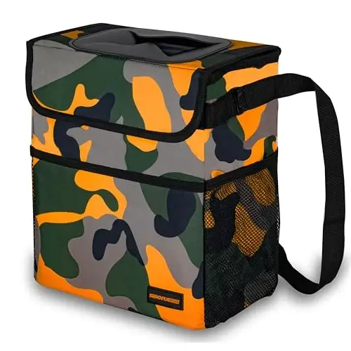 SIBOFUEGO Cute Car Trash Can with Lid, Collapsible, Leak-Proof, 2 Gallon | Orange Camo, Multipurpose Car Organizer with Storage Pockets & Adjustable Straps, Easy-Clean Interior, Car Accessories - SIBOFUEGO