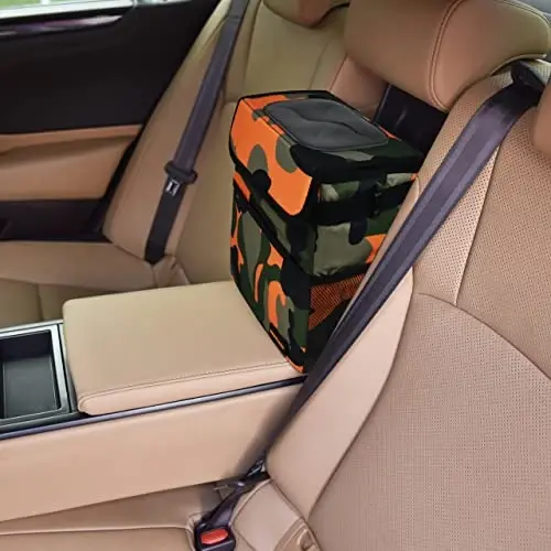 SIBOFUEGO Cute Car Trash Can with Lid, Collapsible, Leak-Proof, 2 Gallon | Orange Camo, Multipurpose Car Organizer with Storage Pockets & Adjustable Straps, Easy-Clean Interior, Car Accessories - SIBOFUEGO (1)