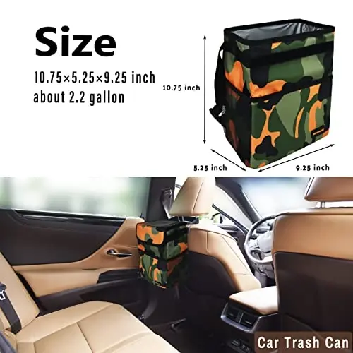 SIBOFUEGO Cute Car Trash Can with Lid, Collapsible, Leak-Proof, 2 Gallon | Orange Camo, Multipurpose Car Organizer with Storage Pockets & Adjustable Straps, Easy-Clean Interior, Car Accessories - 3