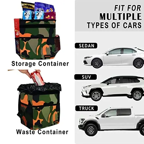 SIBOFUEGO Cute Car Trash Can with Lid, Collapsible, Leak-Proof, 2 Gallon | Orange Camo, Multipurpose Car Organizer with Storage Pockets & Adjustable Straps, Easy-Clean Interior, Car Accessories - 4