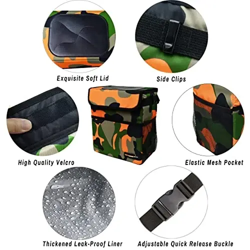 SIBOFUEGO Cute Car Trash Can with Lid, Collapsible, Leak-Proof, 2 Gallon | Orange Camo, Multipurpose Car Organizer with Storage Pockets & Adjustable Straps, Easy-Clean Interior, Car Accessories - 5