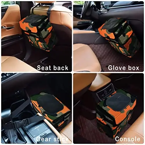 SIBOFUEGO Cute Car Trash Can with Lid, Collapsible, Leak-Proof, 2 Gallon | Orange Camo, Multipurpose Car Organizer with Storage Pockets & Adjustable Straps, Easy-Clean Interior, Car Accessories - 6
