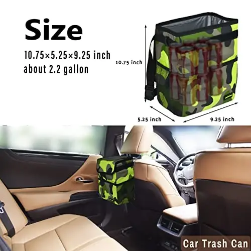 SIBOFUEGO Cute Car Trash Can with Lid – Multipurpose Collapsible Trash Bin for Car, Leak-Proof Organizer, Waterproof Garbage Can with Storage Pockets & Adjustable Straps, 2 Gallons (Black Leopard) - 3
