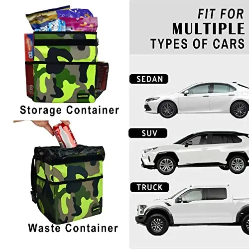 SIBOFUEGO Cute Car Trash Can with Lid – Multipurpose Collapsible Trash Bin for Car, Leak-Proof Organizer, Waterproof Garbage Can with Storage Pockets & Adjustable Straps, 2 Gallons (Black Leopard) - 4