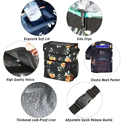 SIBOFUEGO Cute Car Trash Can with Lid – Multipurpose Collapsible Trash Bin for Car, Leak-Proof Organizer, Waterproof Garbage Can with Storage Pockets & Adjustable Straps, 2 Gallons (Flower) - 5