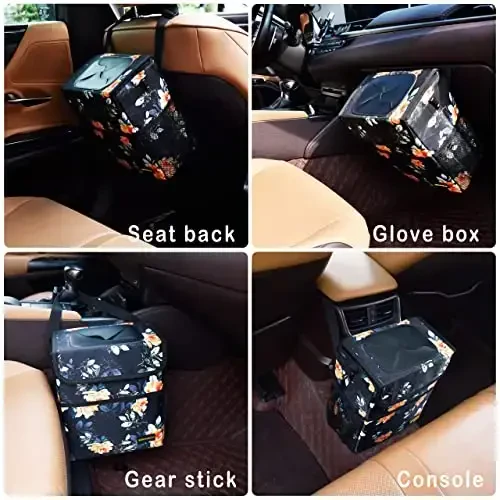 SIBOFUEGO Cute Car Trash Can with Lid – Multipurpose Collapsible Trash Bin for Car, Leak-Proof Organizer, Waterproof Garbage Can with Storage Pockets & Adjustable Straps, 2 Gallons (Flower) - 6