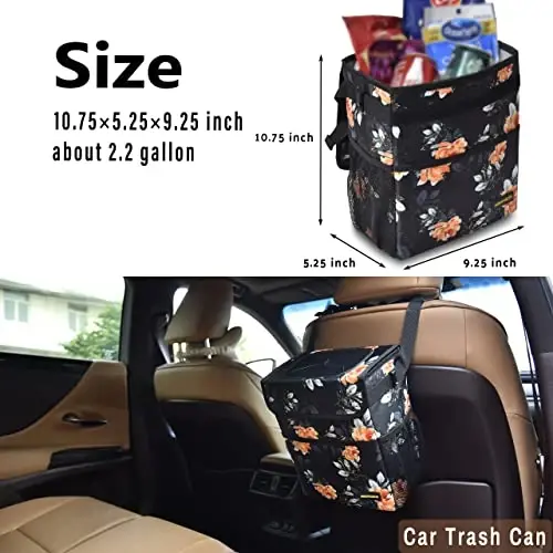 SIBOFUEGO Cute Car Trash Can with Lid – Multipurpose Collapsible Trash Bin for Car, Leak-Proof Organizer, Waterproof Garbage Can with Storage Pockets & Adjustable Straps, 2 Gallons (Flower) - 3