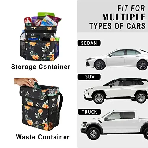 SIBOFUEGO Cute Car Trash Can with Lid – Multipurpose Collapsible Trash Bin for Car, Leak-Proof Organizer, Waterproof Garbage Can with Storage Pockets & Adjustable Straps, 2 Gallons (Flower) - 4
