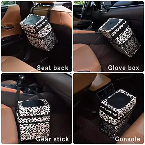 SIBOFUEGO Cute Car Trash Can with Lid – Multipurpose Collapsible Trash Bin for Car, Leak-Proof Organizer, Waterproof Garbage Can with Storage Pockets & Adjustable Straps, 2 Gallons (Leopard Print) - 6