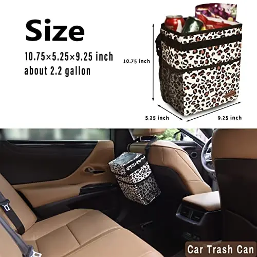 SIBOFUEGO Cute Car Trash Can with Lid – Multipurpose Collapsible Trash Bin for Car, Leak-Proof Organizer, Waterproof Garbage Can with Storage Pockets & Adjustable Straps, 2 Gallons (Leopard Print) - 3