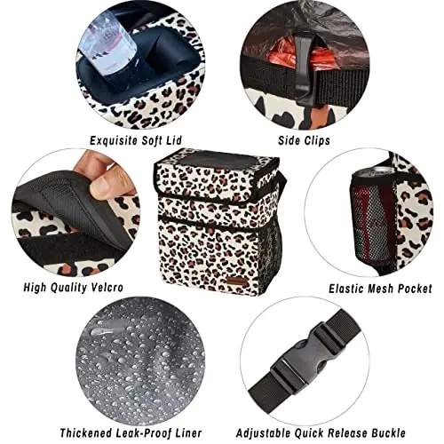 SIBOFUEGO Cute Car Trash Can with Lid – Multipurpose Collapsible Trash Bin for Car, Leak-Proof Organizer, Waterproof Garbage Can with Storage Pockets & Adjustable Straps, 2 Gallons (Leopard Print) - 5