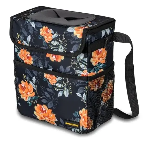 SIBOFUEGO Cute Car Trash Can with Lid – Multipurpose Collapsible Trash Bin for Car, Leak-Proof Organizer, Waterproof Garbage Can with Storage Pockets & Adjustable Straps, 2 Gallons (Flower) - 1