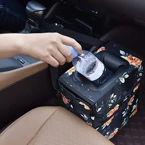 SIBOFUEGO Cute Car Trash Can with Lid – Multipurpose Collapsible Trash Bin for Car, Leak-Proof Organizer, Waterproof Garbage Can with Storage Pockets & Adjustable Straps, 2 Gallons (Flower) - 2