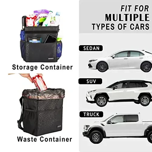 SIBOFUEGO Cute Car Trash Can with Lid – Multipurpose Collapsible Trash Bin for Car, Leak-Proof Organizer, Waterproof Garbage Can with Storage Pockets & Adjustable Straps, 2 Gallons (Black Leopard) - 4