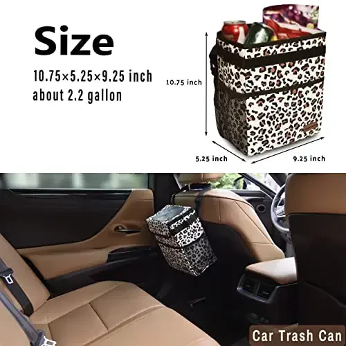 SIBOFUEGO Cute Car Trash Can with Lid – Multipurpose Collapsible Trash Bin for Car, Leak-Proof Organizer, Waterproof Garbage Can with Storage Pockets & Adjustable Straps, 2 Gallons (Leopard Print) - 3