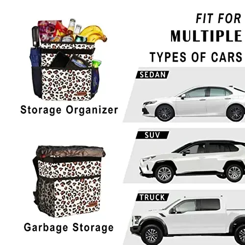 SIBOFUEGO Cute Car Trash Can with Lid – Multipurpose Collapsible Trash Bin for Car, Leak-Proof Organizer, Waterproof Garbage Can with Storage Pockets & Adjustable Straps, 2 Gallons (Leopard Print) - 4