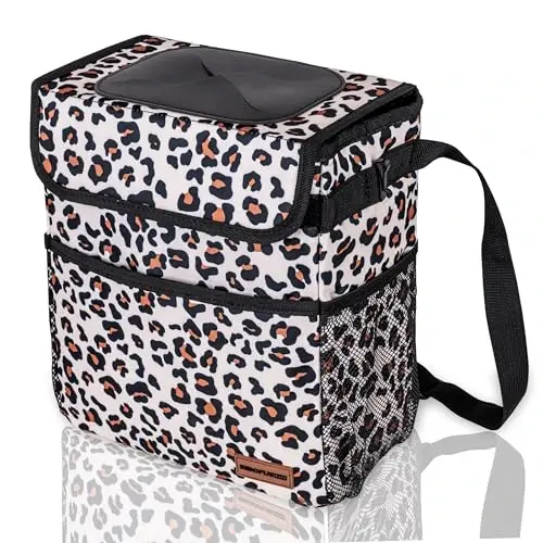 SIBOFUEGO Cute Car Trash Can with Lid – Multipurpose Collapsible Trash Bin for Car, Leak-Proof Organizer, Waterproof Garbage Can with Storage Pockets & Adjustable Straps, 2 Gallons (Leopard Print) - 1