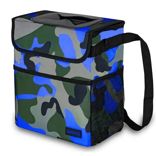 SIBOFUEGO Cute Car Trash Can with Lid – Multipurpose Collapsible Trash Bin for Car, Leak-Proof Organizer, Waterproof Garbage Can with Storage Pockets & Adjustable Straps, 2 Gallons (Camo Blue) - SIBOFUEGO