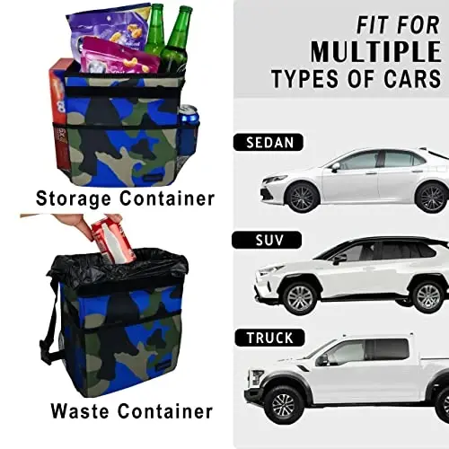 SIBOFUEGO Cute Car Trash Can with Lid – Multipurpose Collapsible Trash Bin for Car, Leak-Proof Organizer, Waterproof Garbage Can with Storage Pockets & Adjustable Straps, 2 Gallons (Camo Blue) - 3