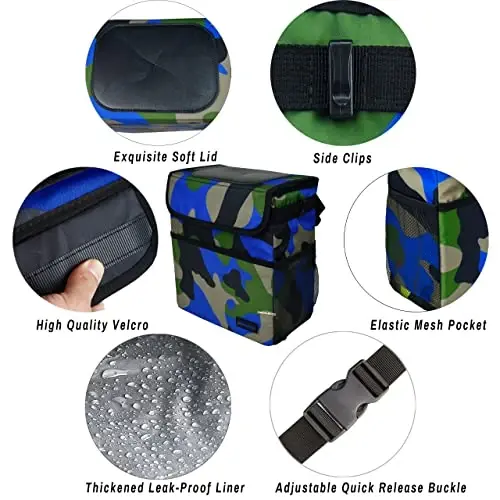 SIBOFUEGO Cute Car Trash Can with Lid – Multipurpose Collapsible Trash Bin for Car, Leak-Proof Organizer, Waterproof Garbage Can with Storage Pockets & Adjustable Straps, 2 Gallons (Camo Blue) - 5