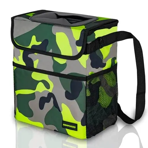 SIBOFUEGO Cute Car Trash Can with Lid – Multipurpose Collapsible Trash Bin for Car, Leak-Proof Organizer, Waterproof Garbage Can with Storage Pockets & Adjustable Straps, 2 Gallons (Camo Green) - 1