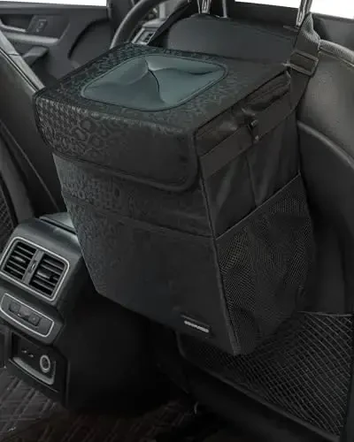 SIBOFUEGO Sturdy 3 Gallon Car Trash Can - Ultra Large Capacity, Leak Proof, Waterproof Car Organizer and Storage with Pockets and Adjustable Straps, Collapsible Interior Car Accessory (Black Leopard) - 3
