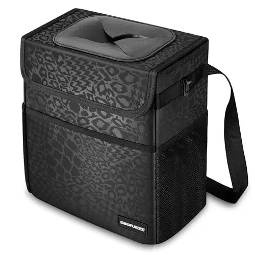 SIBOFUEGO Sturdy 3 Gallon Car Trash Can - Ultra Large Capacity, Leak Proof, Waterproof Car Organizer and Storage with Pockets and Adjustable Straps, Collapsible Interior Car Accessory (Black Leopard) - SIBOFUEGO