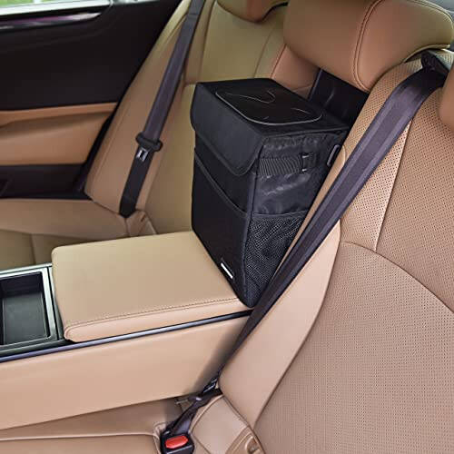 SIBOFUEGO Cute Car Trash Can with Lid – Multipurpose Collapsible Trash Bin for Car, Leak-Proof Organizer, Waterproof Garbage Can with Storage Pockets & Adjustable Straps, 2 Gallons (Black Leopard) - 2