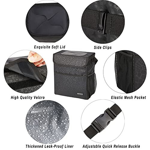 SIBOFUEGO Cute Car Trash Can with Lid – Multipurpose Collapsible Trash Bin for Car, Leak-Proof Organizer, Waterproof Garbage Can with Storage Pockets & Adjustable Straps, 2 Gallons (Black Leopard) - 5