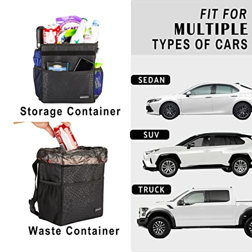SIBOFUEGO Cute Car Trash Can with Lid – Multipurpose Collapsible Trash Bin for Car, Leak-Proof Organizer, Waterproof Garbage Can with Storage Pockets & Adjustable Straps, 2 Gallons (Black Leopard) - 4