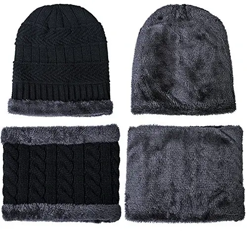 Warm Winter Beanie Hat & Scarf Gloves Set Stylish Knit Skull Cap for Men Women (One Size, 05 Black) - 1