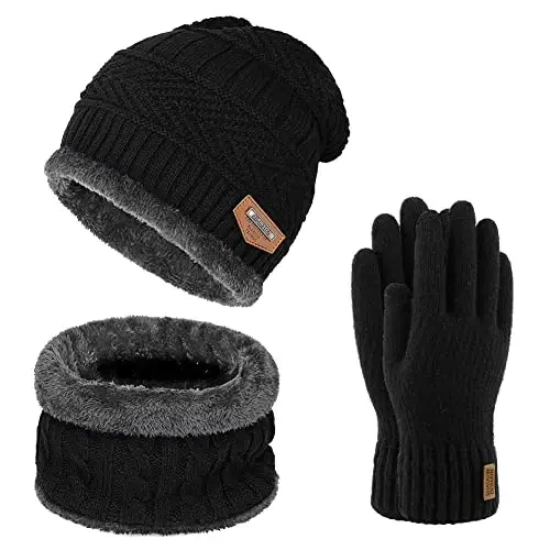 Warm Winter Beanie Hat & Scarf Gloves Set Stylish Knit Skull Cap for Men Women (One Size, 05 Black) - 5
