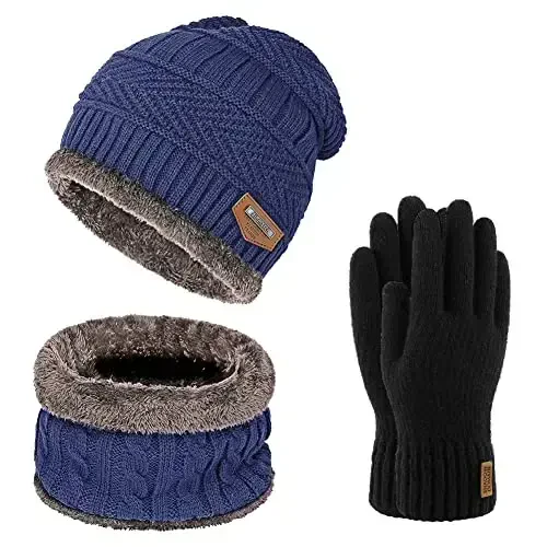 Warm Winter Beanie Hat & Scarf Gloves Set Stylish Knit Skull Cap for Men Women (One Size, 06 Blue) - 1