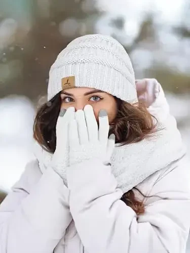 Winter Beanie Hat Scarf Gloves, Warm Fleece Knit Hats Touch Screen Gloves Neck Scarf Set Winter Gifts for Unisex Adult - 6