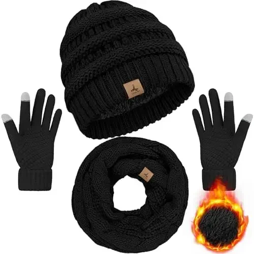 Winter Beanie Hat Scarf Gloves, Warm Fleece Knit Hats Touch Screen Gloves Neck Scarf Set Winter Gifts for Unisex Adult - 1
