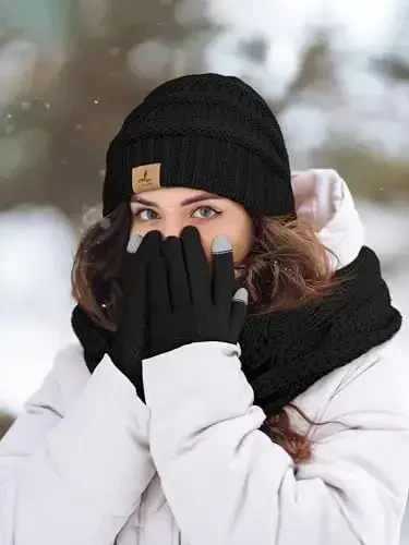 Winter Beanie Hat Scarf Gloves, Warm Fleece Knit Hats Touch Screen Gloves Neck Scarf Set Winter Gifts for Unisex Adult - 6