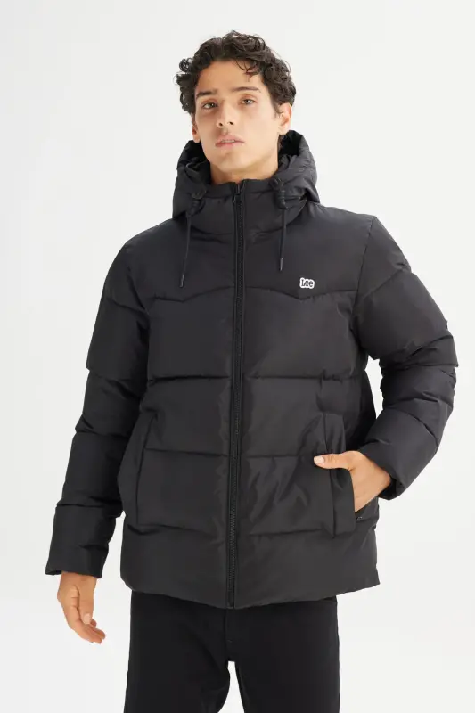 Sıcak Tutan Regular Fit Normal Kesim Kapüşonlu Şişme Mont-Black - 3