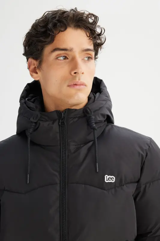 Sıcak Tutan Regular Fit Normal Kesim Kapüşonlu Şişme Mont-Black - 4