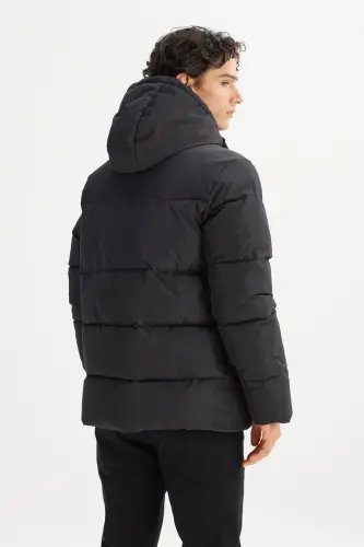 Sıcak Tutan Regular Fit Normal Kesim Kapüşonlu Şişme Mont-Black - 5